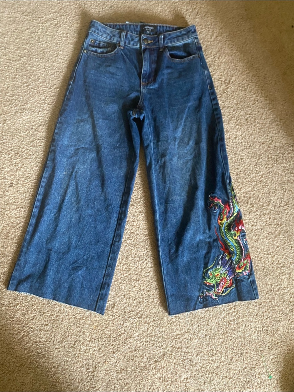 Ed Hardy Blue Wide-Leg Jeans with Embroidered Dragon Accent-Y2K streetwear